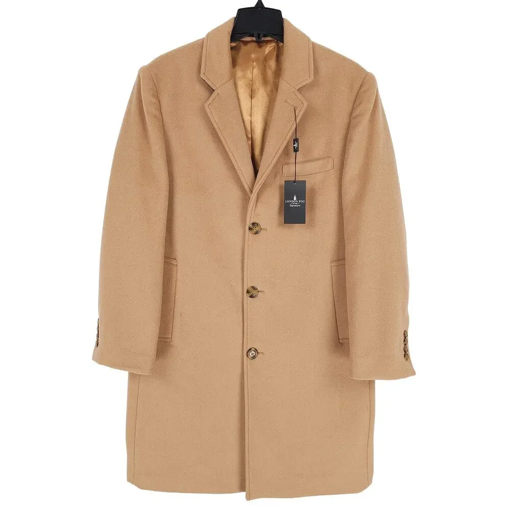 London Fog Signature Mens Classic Fit Overcoat 38S Beige Camel Solid Wool Blend